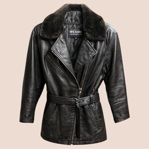 Wilsons Black/Brown Leather-Heavily Lined w/Fur Collar Warm Belted Coat.